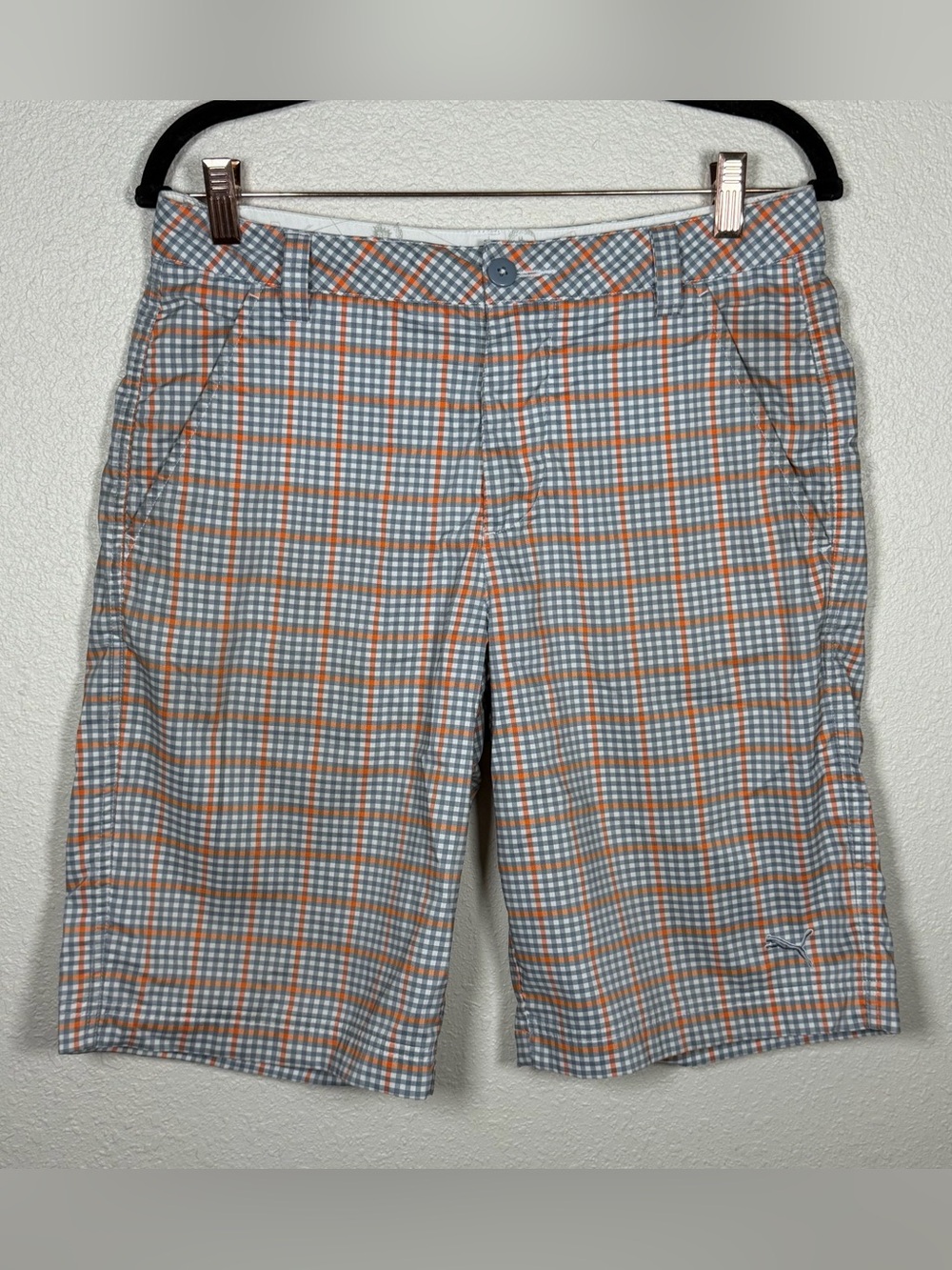 PUMA Golf Men’s 30 Plaid Texh Flat Front Chino Shorts Pockets 10.5” Dry Cell